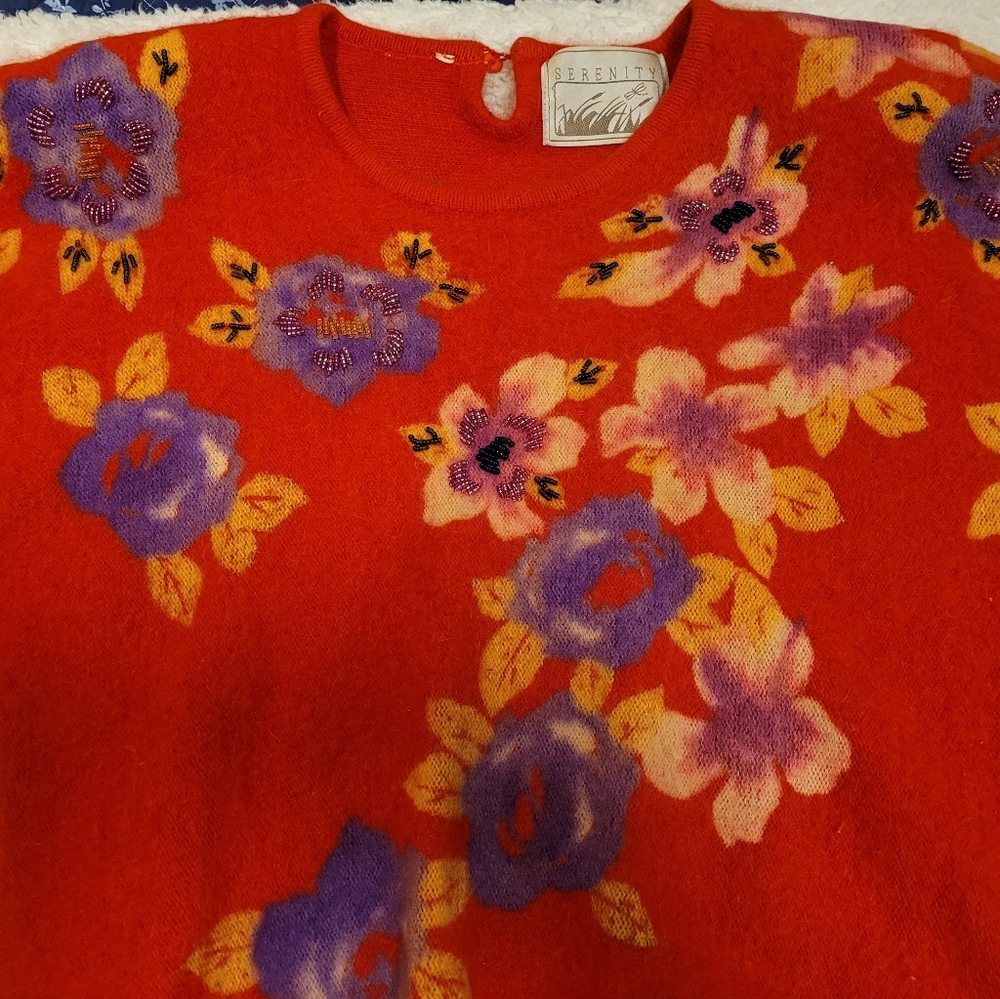 Vintage Red Floral Angora Sweater